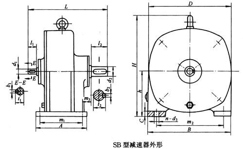 SB系列雙擺線針輪減速機外形及安裝尺寸、針齒中心圓直徑及傳動比